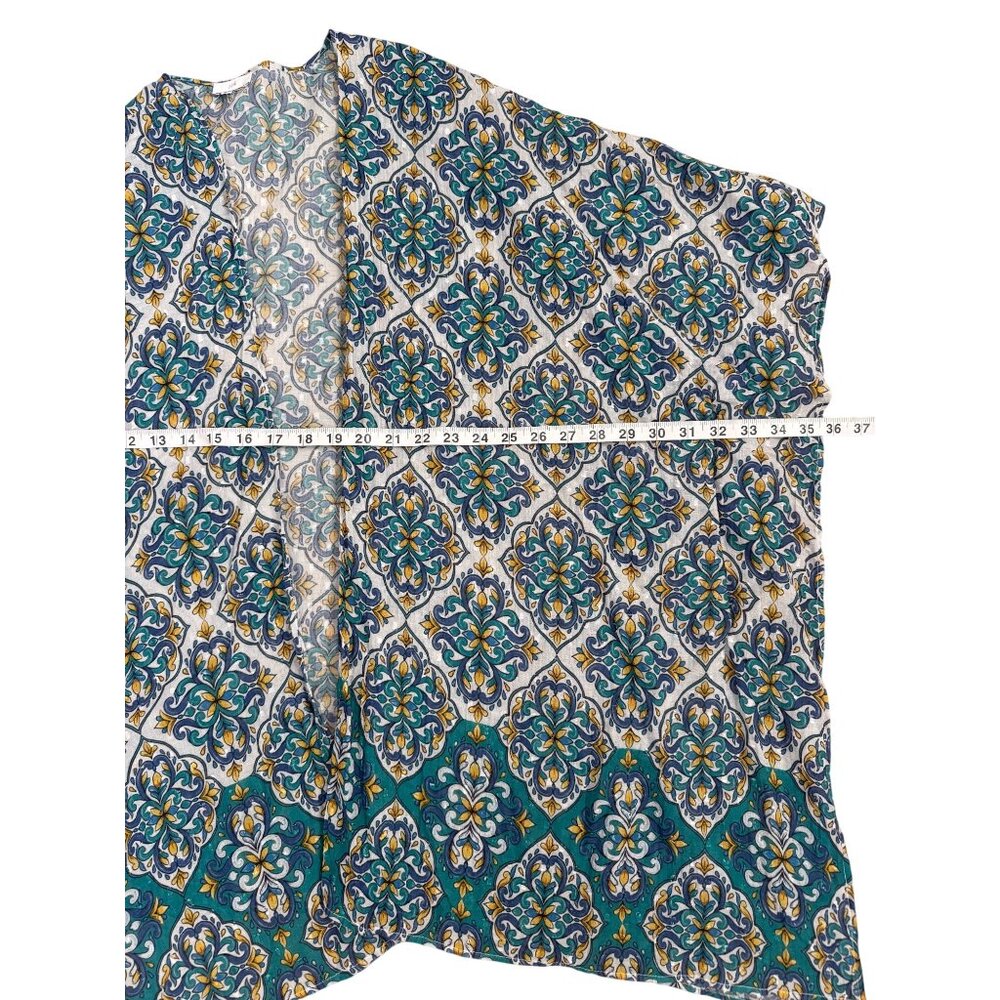 J. Jill Womens Kimono Ruana Cardigan Blue Green Floral Tassels One Size - Picture 5 of 6